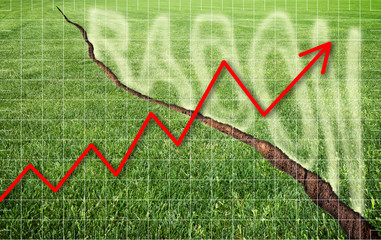 A green mowed lawn with a diagonal crack with radon gas escaping - Chart concept image