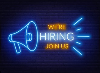 Neon sign we are hiring - join us on the brick wall background. Light poster or banner for recruiting. Vector.