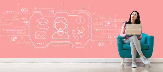 Customer service 24 hours 7 days a week with young woman using a laptop computer 