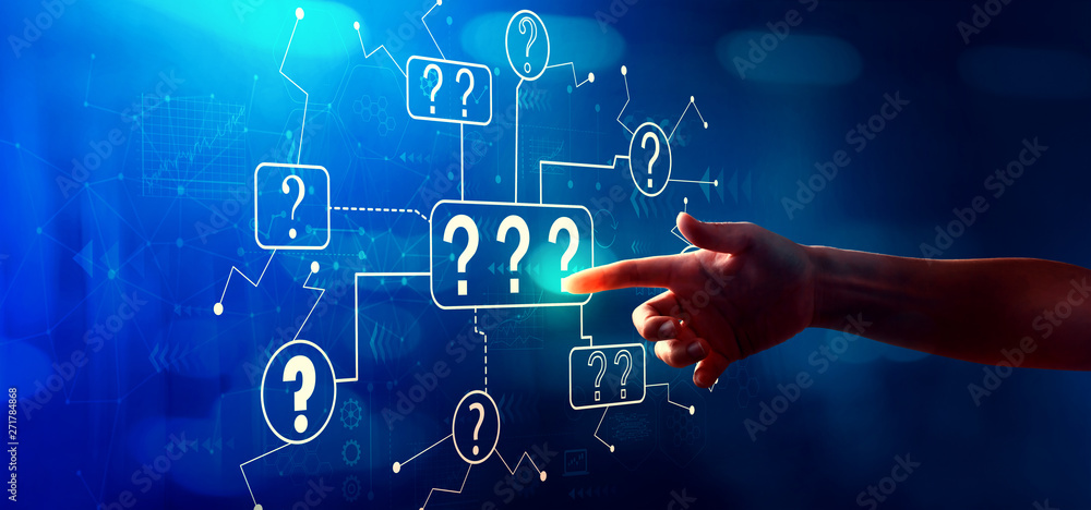 Poster question marks with hand pressing a button on a technology screen