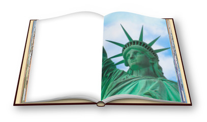 Statue of Liberty - New York City (USA) - 3D render concept image with copy space of an opened photo book with pixelation effect - I'm the copyright owner of the images used in this 3D render