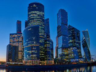 Evening panorama of the Moscow City Business Center from the Taras Shevchenko embankment of the Moscow River