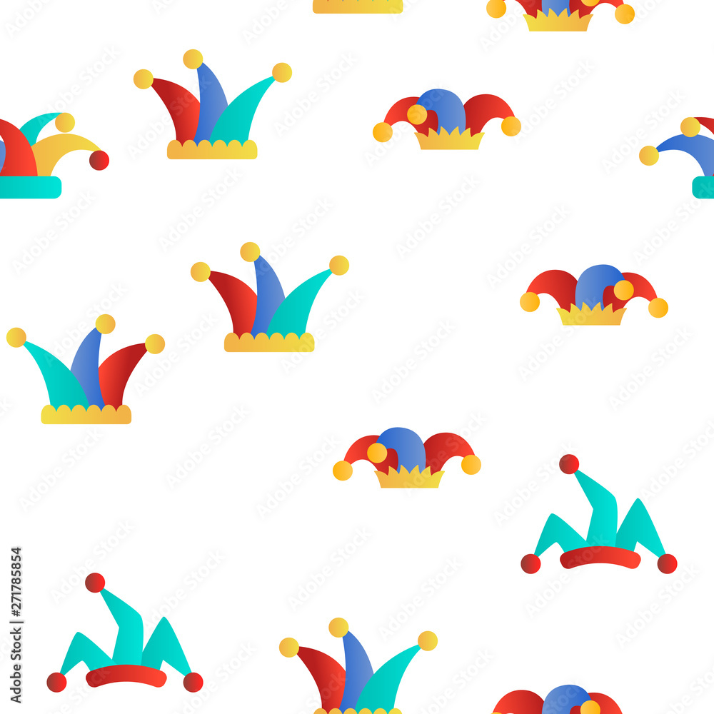 Poster funny jester hat linear vector icons seamless pattern. jester, clown caps with bells thin line conto