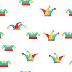 Funny Jester Hat Linear Vector Icons Seamless Pattern. Jester, Clown Caps with Bells Thin Line Contour Symbols Pack. Harlequin Costume Pictograms Collection. Circus, Medieval Carnival Illustrations
