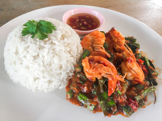 Thai food ,rice and fried chili paste with shrimp.