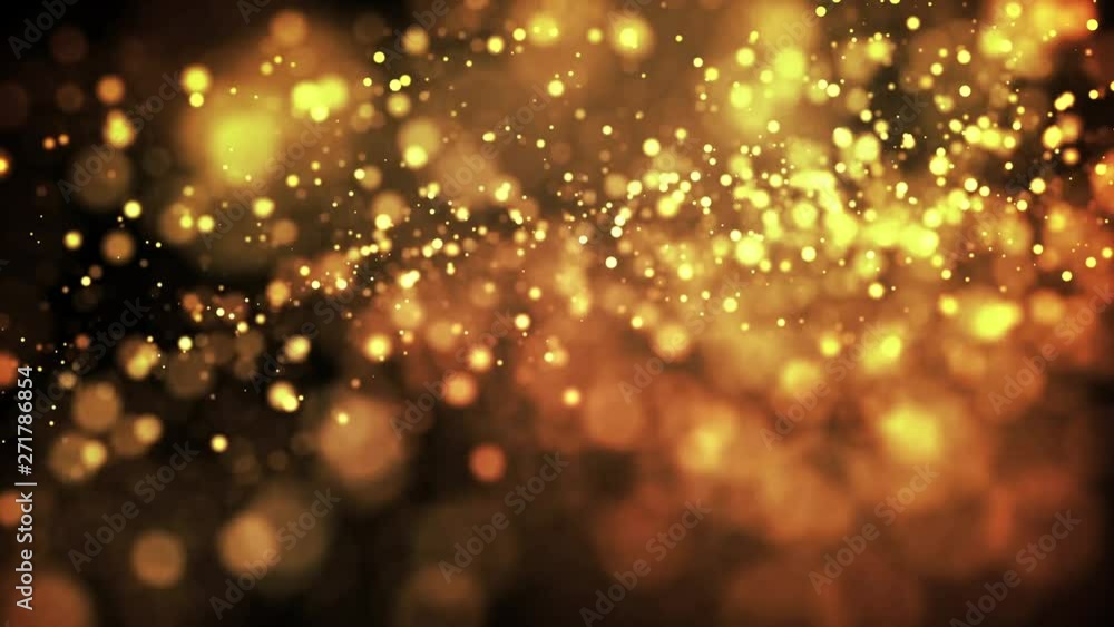 Poster gold particles in liquid float and glisten. background with glittering golden particles depth of fie