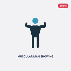 two color muscular man showing his muscles vector icon from people concept. isolated blue muscular man showing his muscles vector sign symbol can be use for web, mobile and logo. eps 10