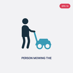 two color person mowing the grass vector icon from people concept. isolated blue person mowing the grass vector sign symbol can be use for web, mobile and logo. eps 10
