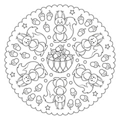 Coloring page mandala with squirrel and a basket of acorns. Vector Illustration.