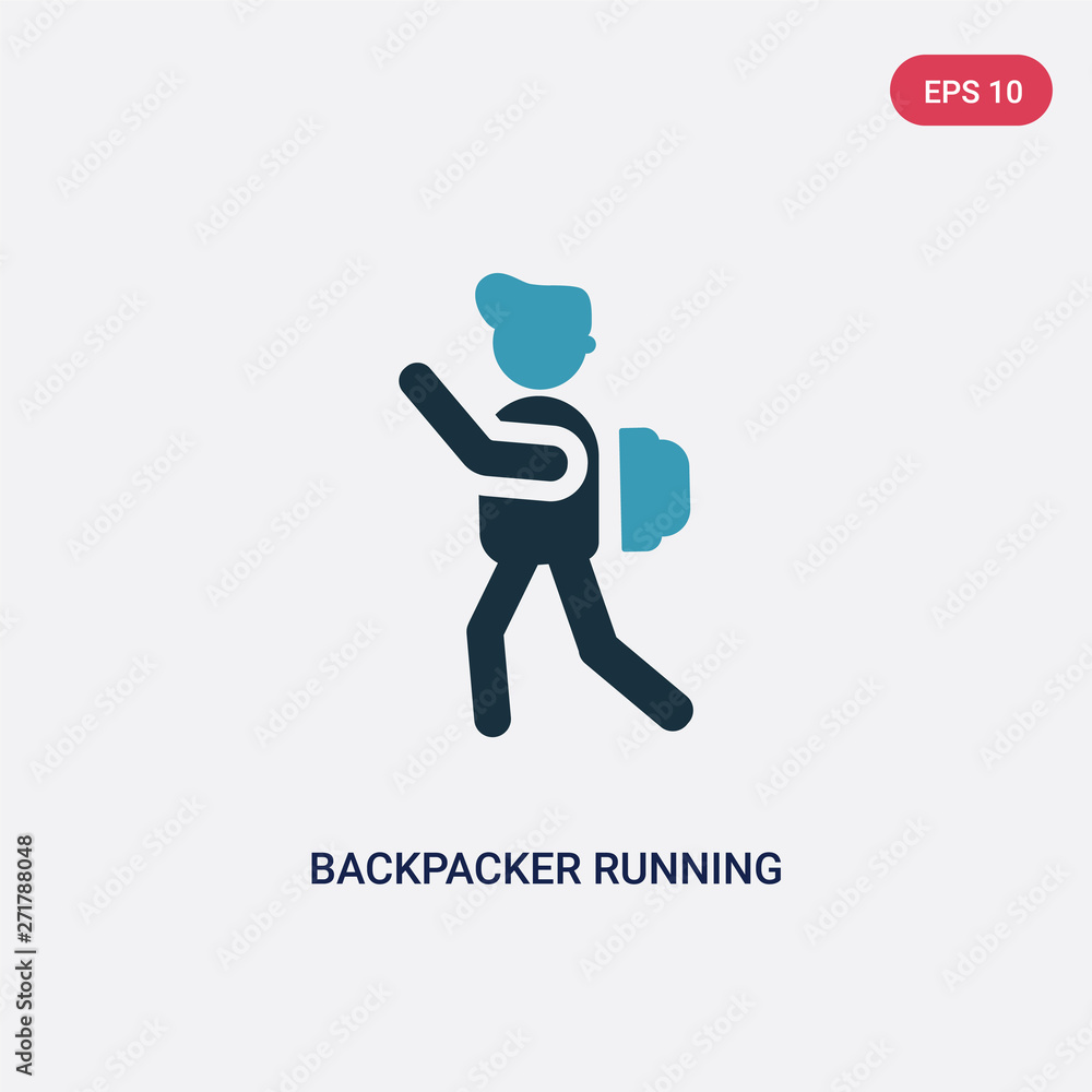Poster two color backpacker running vector icon from people concept. isolated blue backpacker running vecto
