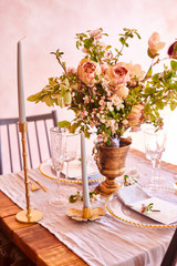 Obraz premium Vintage wedding decor. Beautiful event venue. Creative decoration. Pink and gold color. Wedding calligraphy menu