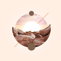 Sunset and stones against light-braun background. Concept of interaction of city sights or...