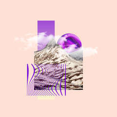 Mountaing with the sunset as a purple candy. Concept of interaction of city sights or showplaces with the nature objects. Negative space. Modern design. Contemporary and creative art collage.