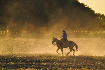 jinete lejano en caballo trotando