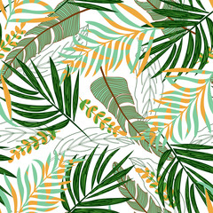 Trend seamless pattern with tropical leaves and plants on a gentle light background. Vector design. Jungle print. Textiles and printing. Floral background.