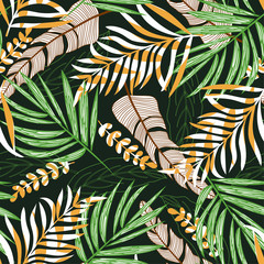 Trend seamless pattern with tropical leaves and plants on a delicate green background. Vector design. Jungle print. Textiles and printing. Floral background.