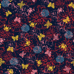 Vector seamless pattern with abstract  flowers and small butterflies on dark background. Pattern can be used for wallpaper, pattern fills, background, surface textures