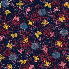 Möbelaufkleber Vector seamless pattern with abstract  flowers and small butterflies on dark background. Pattern can be used for wallpaper, pattern fills, background, surface textures © ringele