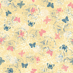 Vector seamless pattern with abstract  flowers and small butterflies on light background. Pattern can be used for wallpaper, pattern fills, background, surface textures