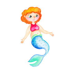 Curvy mermaid with red hair isolated on white background. Plus size mermaid happy smile. Young mermaid watercolor illustration