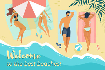 Characters Relax under Sun Umbrellas on Sea Coast