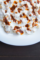 Traditional Turkish food, manti (mantı) with yogurt
