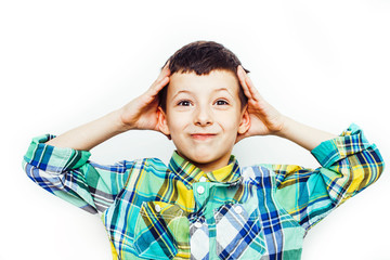 little cute boy on white background gesture smiling close up, lifestyle people concept