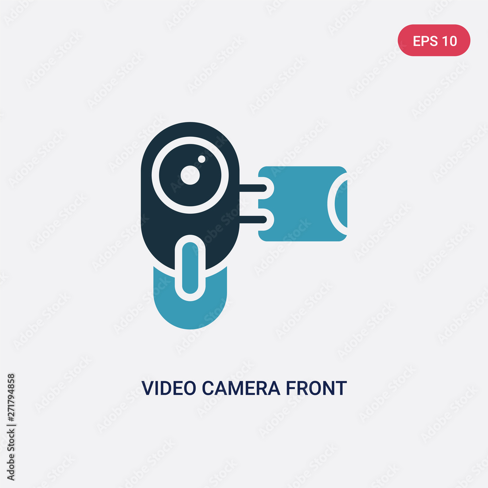 Poster two color video camera front view vector icon from technology concept. isolated blue video camera fr