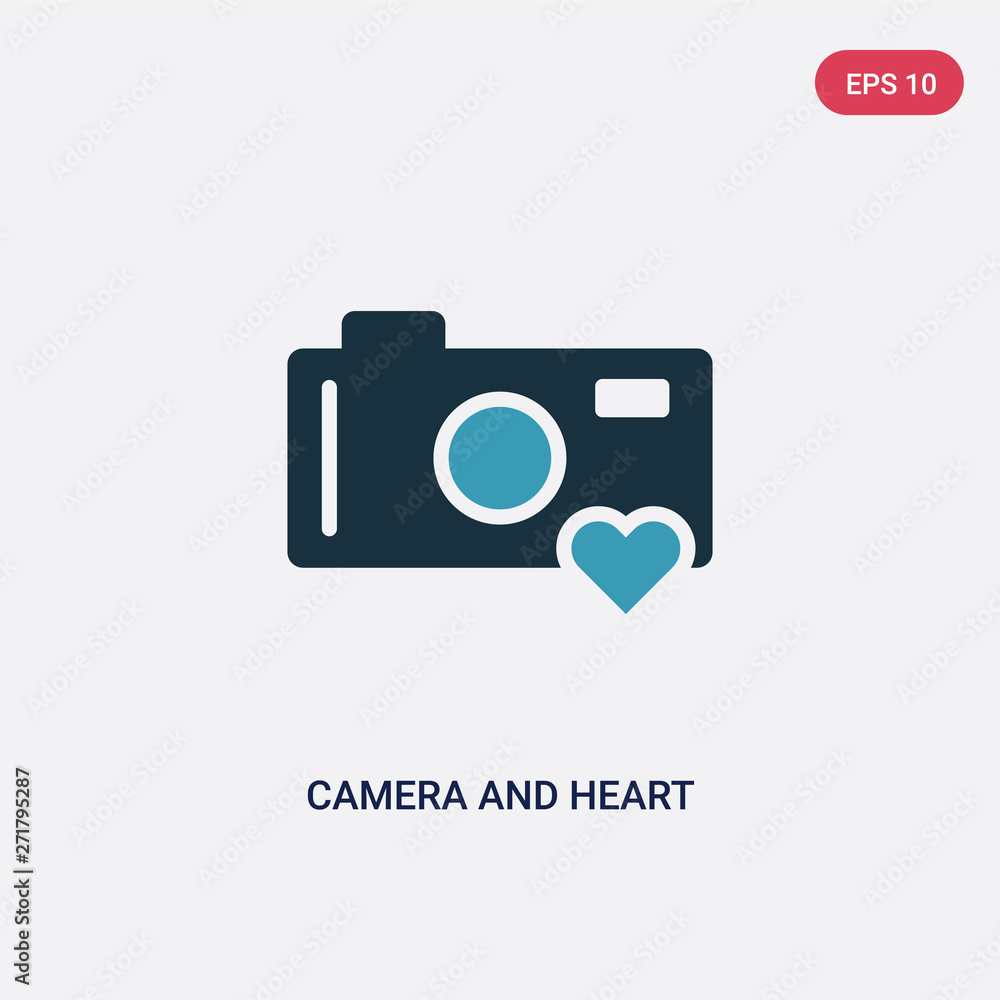 Poster two color camera and heart picture vector icon from technology concept. isolated blue camera and hea