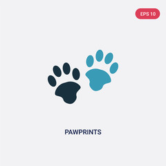 Fototapeta na wymiar two color pawprints vector icon from animals concept. isolated blue pawprints vector sign symbol can be use for web, mobile and logo. eps 10
