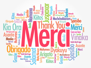 Merci (Thank You in French) word cloud in different languages