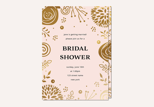 Pink Summer Floral Bridal Shower Invitation Layout with Gold Accents