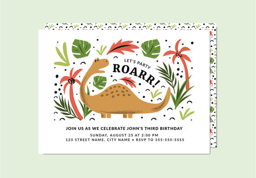 Dinosaur Party Invitation Layout with Graphic Illustrations