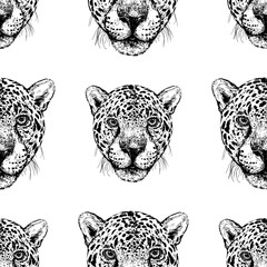 Seamless pattern of hand drawn sketch style portraits of leopard isolated on white background. Vector illustration.