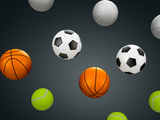 Different sport equipments on background. 3d render illustration
