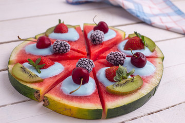 vegetarian pizza of watermelon and other fruits