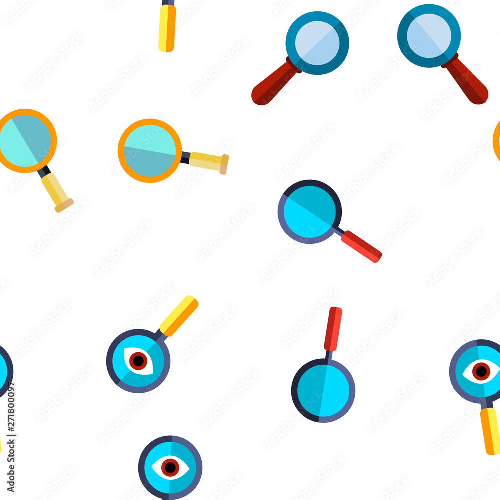 Poster magnifying glass, magnifiers linear vector icons seamless pattern. magnifying search tool symbols pa
