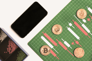 Top view, Candlestick chart make from color paper white and red on Green board with grid lines with smartphone, investment, trading, stock, finance concept