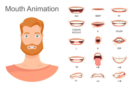 Men's lip sync. Lip sync collection for animation. Men's mouth animation. Phoneme mouth chart. Alphabet pronunciation. Vector illustration.