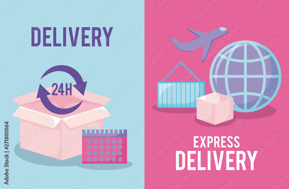 Poster delivery service with box and set icons