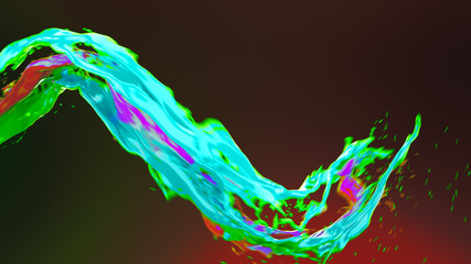 Abstract bright colorful liquid vortex flow with splashes. Waving water surface close up motion with air bubbles isolated on dark red background. 4k 3D illustration