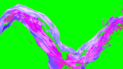 Abstract bright colorful liquid vortex flow with splashes. Waving water surface close up motion with air bubbles isolated on chroma key. 4k 3D illustration