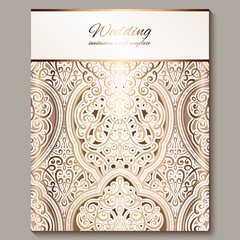 Wedding invitation card with gold shiny eastern and baroque rich foliage. Ornate islamic background for your design. Islam, Arabic, Indian, Dubai.