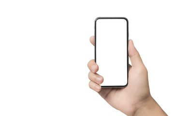 close-up hand holding smartphone blank screen for text and content