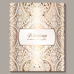 Wedding invitation card with gold shiny eastern and baroque rich foliage. Ornate islamic background for your design. Islam, Arabic, Indian, Dubai.