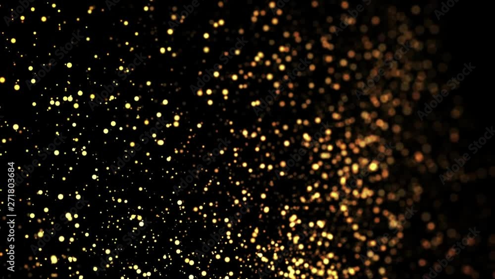 Poster gold particles in liquid float and glisten. background with glittering golden particles depth of fie