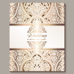 Wedding invitation card with gold shiny eastern and baroque rich foliage. Ornate islamic background for your design. Islam, Arabic, Indian, Dubai.