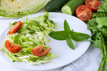 Spring vegan salad with cabbage, cucumber, tomato, green onions and parsley on a white plate