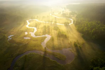 Poster Mistige ochtend rivier in zonlicht. Luchtfoto van het rivierlandschap. Uitzicht op de rivier van bovenaf. Zomer natuur in zonnestralen. Drone uitzicht op de zonnige natuur. Landschap rivier bovenaanzicht. © dzmitrock87