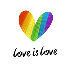 Love is love with big rainbow heart. Gay pride. Pride Month. Love, freedom, support, peace symbol